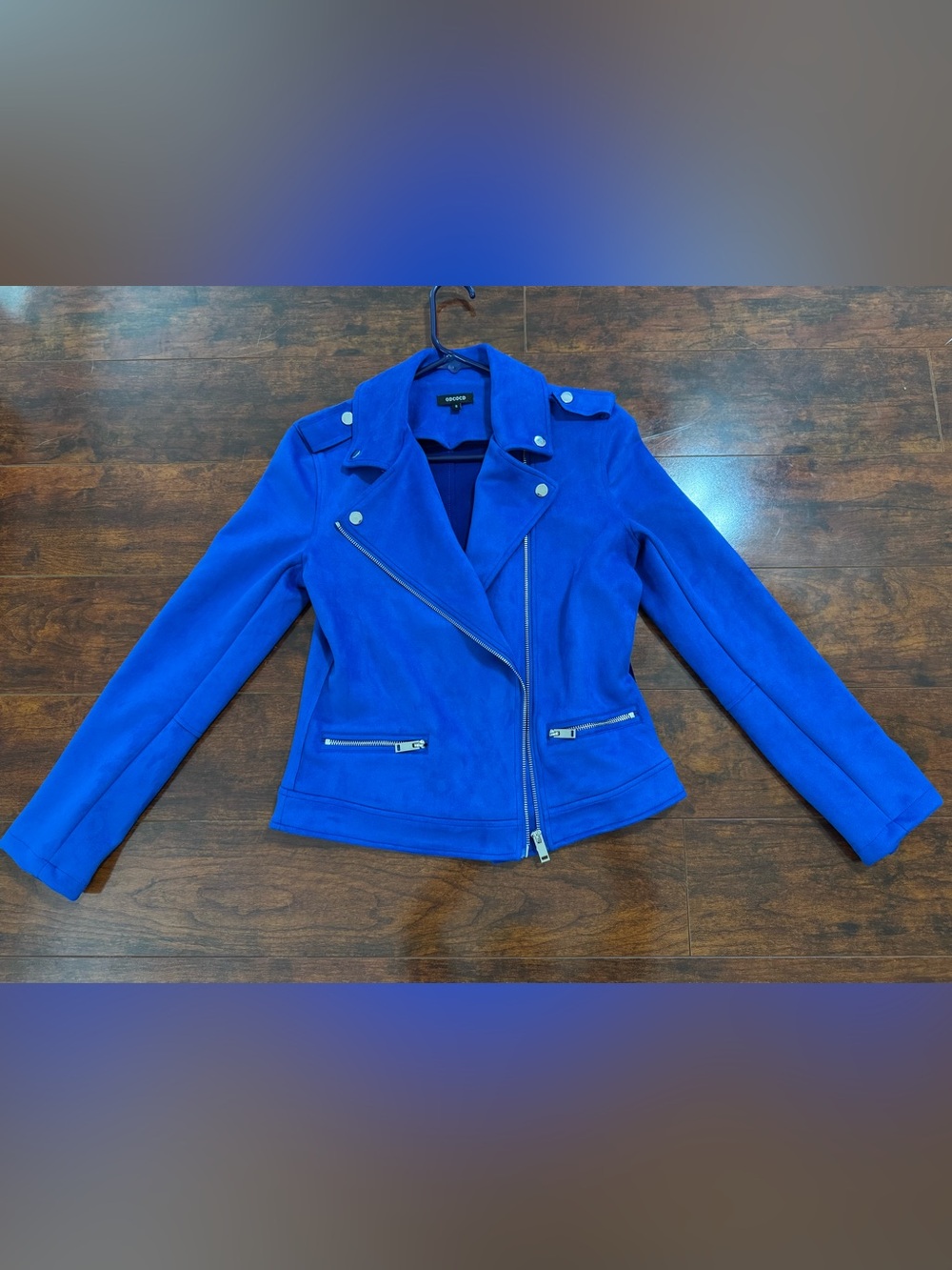 Women's Blue Moto Jacket - Suede-Style Asymmetric Zip